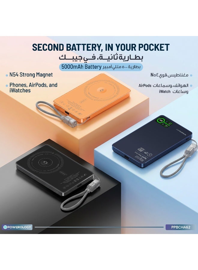 باورولوجي بنك طاقة مغناطيسي MagVolt بسعة 5000 ملّي أمبير/ساعة مع شاشة LED ذكية وشحن لاسلكي Qi2، بنك طاقة فائق النحافة PD 20W، شحن سريع، شحن سهل للهاتف، الساعة وسماعات الأذن – أسود - Image 2